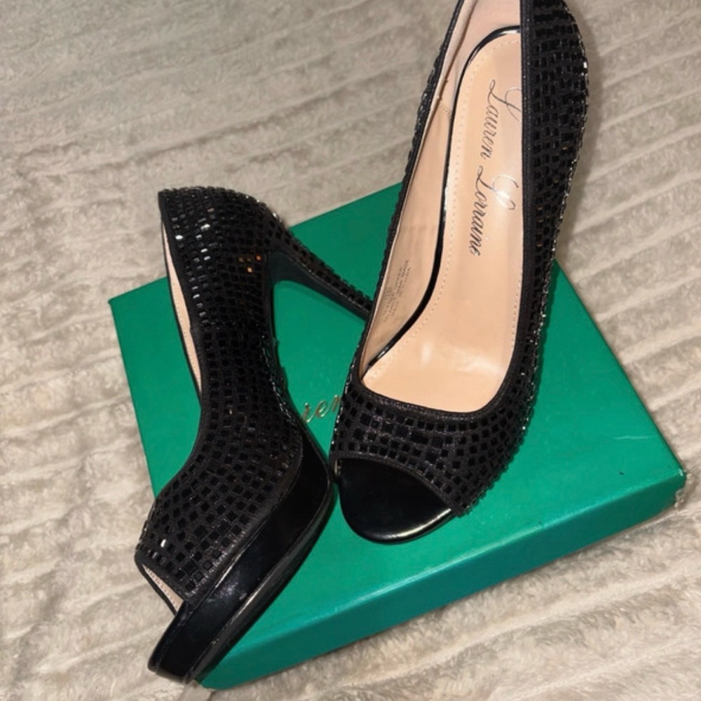 Lauren Lorraine Black Crystal Peep-Toe Heels